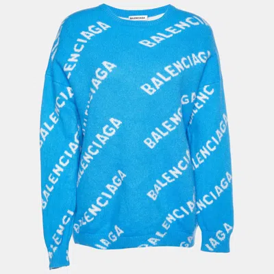 Pre-owned Balenciaga Blue All-over Logo Pattern Wool Knit Jumper M