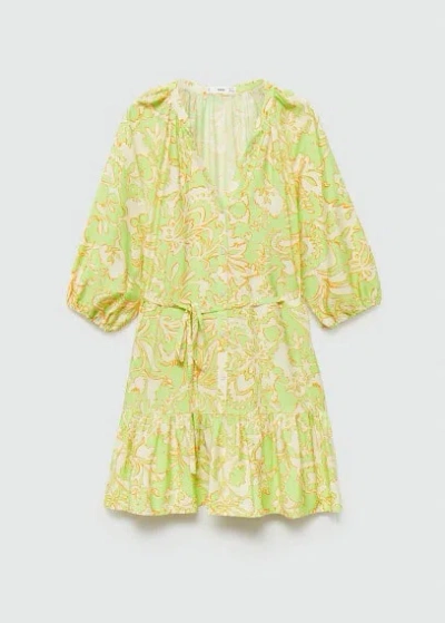 Mango Printed Bow Dress Lime In Citron Vert
