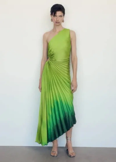 Mango Asymmetrical Pleated Dress Green In Vert