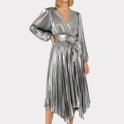 Milly Liora Pleated Metallic Plunge Neckline Dress In Grey