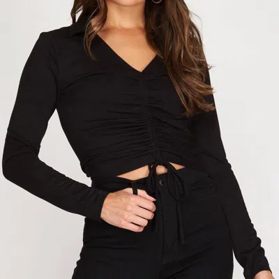 She + Sky Collared Drawstring Front Top In Black