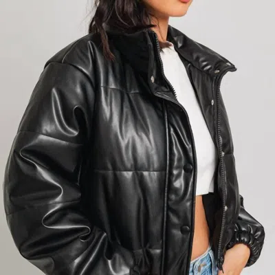 Le Lis With Edge Faux Leather Puffer Jacket In Black