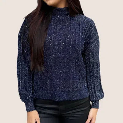 Molly Bracken Stand Collar Sweater With Puff Sleeves In Navy In Blue