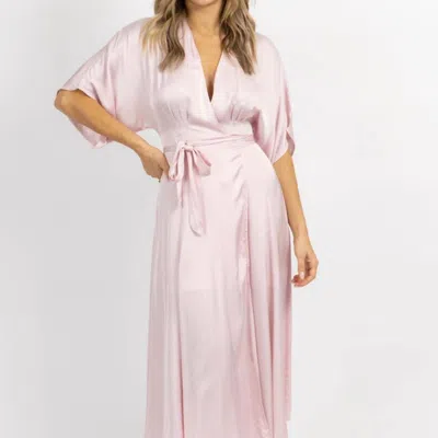 Olivaceous Satin Wrap Midi Dress In Pale Pink