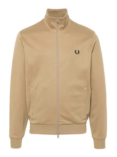 Fred Perry Tape Detail Cotton Blend Track Jacket In Brown