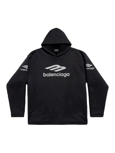 Balenciaga 3b Sports Icon Water Repellent Cotton Hoodie In Black