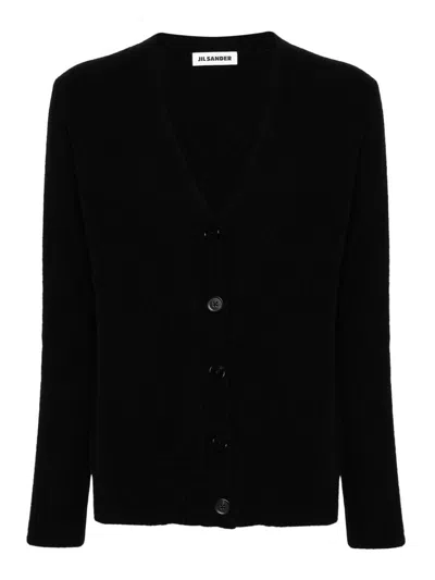 Jil Sander Logo-engraved-buttons Wool Cardigan In Black