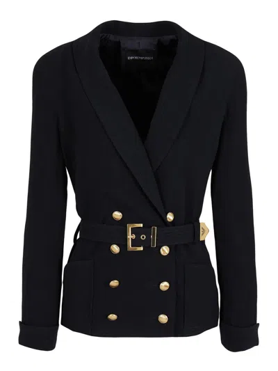 Emporio Armani Double-breasted Belted Blazer In Blue