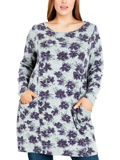 Evans Plus Womens Printed Pockets Tunic Top In Blue