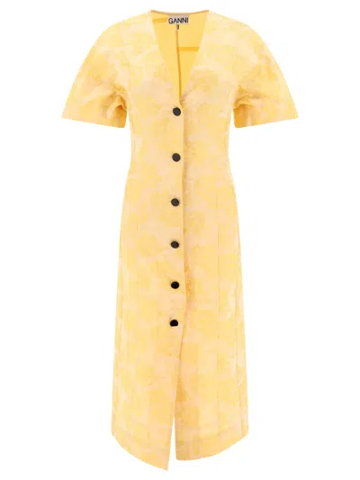 Ganni "botanical Jacquard" Midi Dress In Yellow