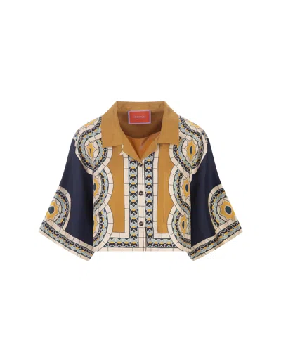La Doublej Mudejar-print Silk Crop Shirt In Blue