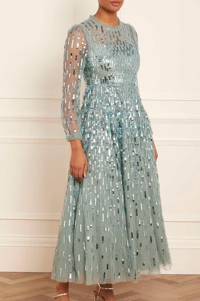 Needle & Thread Sequin Dash Long Sleeve Ankle Gown In Green