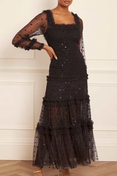 Needle & Thread Polka Dot Smocked Long Sleeve Ankle Gown In Black