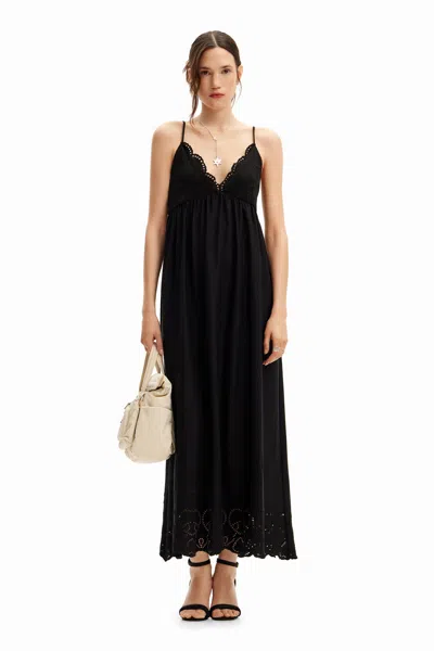 Desigual Long Dress With Thin Straps And Lace. In Black