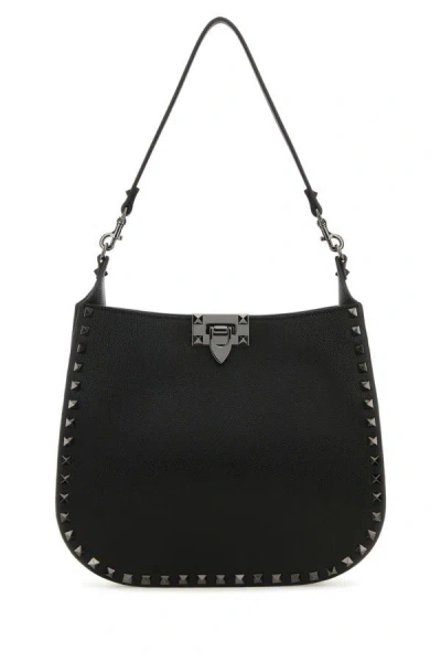 Valentino Garavani Woman Black Leather Hobo Rockstud Handbag