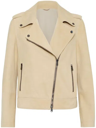 Brunello Cucinelli Panelled Suede Cropped Jacket In Yellow