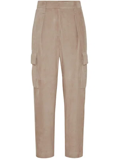 Brunello Cucinelli Women's Suede Slouchy Cargo Trousers In Taupe