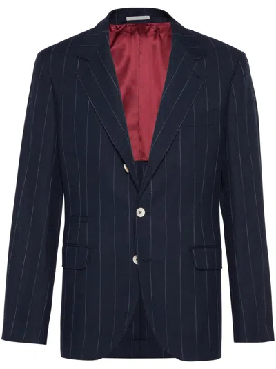 Brunello Cucinelli Wool-cotton Chalk Stripe Blazer In Blue