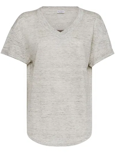 Brunello Cucinelli Women's Linen And Silk Jersey T-shirt With Precious Insert In Grey