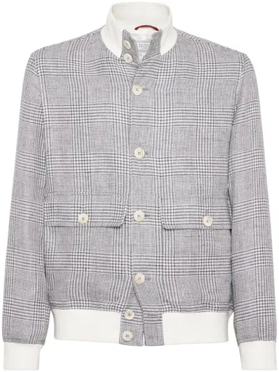 Brunello Cucinelli Prince Of Wales Bomber Jacket In Grey