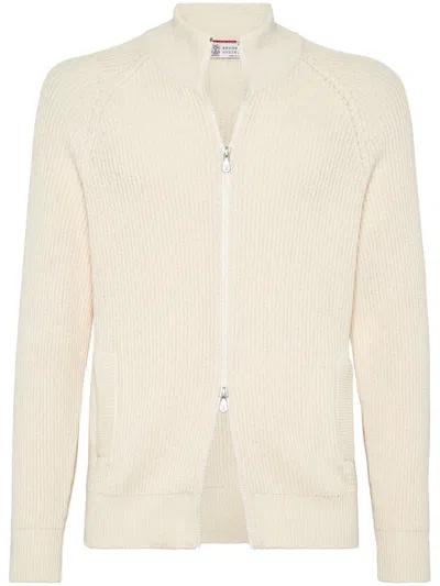 Brunello Cucinelli Ribbed Stitch Cotton Zipped Cardigan In White