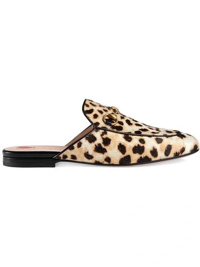 Gucci Princetown Horsebit-detailed Leopard-print Calf Hair Slippers In Black/gold