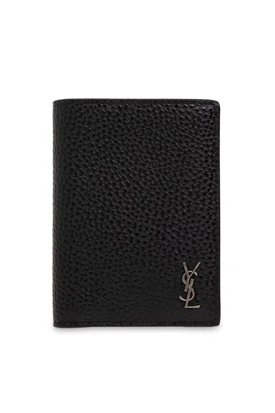Saint Laurent Tiny Cassandre Leather Card Wallet In Black