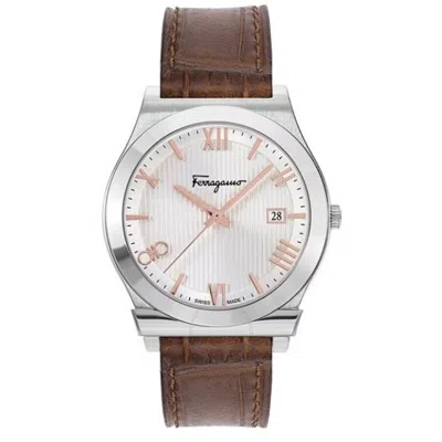 Ferragamo Men's Swiss Gancini Brown Leather Strap Watch 41mm In Brown/silver Tone