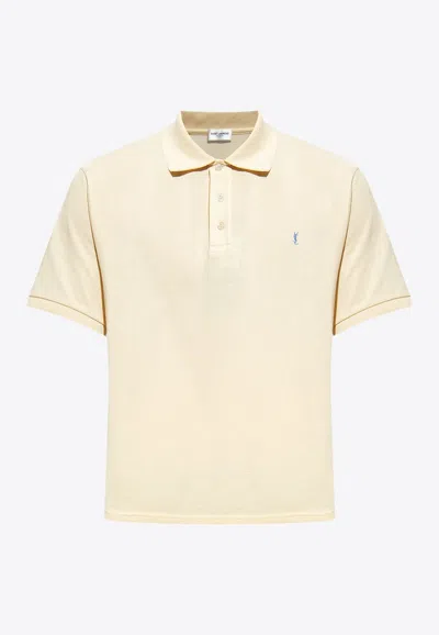 Saint Laurent Cassandre Embroidered Polo T-shirt In Beige