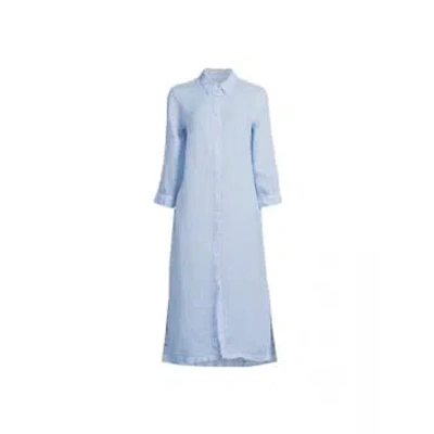 120 Linen 120% Linen Buttom Up Crop Sleeve Tie Waist Midi Dress Size: 10, Col: B In Blue