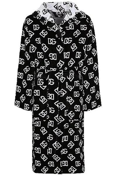 Dolce & Gabbana Casa All-over Dg Logo Hooded Bathrobe In Black/white