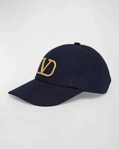 Valentino Garavani V-logo Signature Denim Baseball Hat In Blu Notte Oro Oro