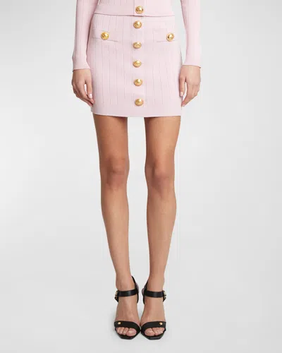 Balmain Button-embellished Ribbed-knit Mini Skirt In Pink