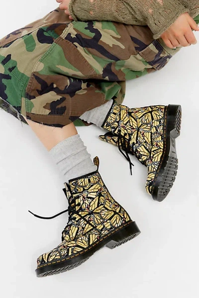 Dr. Martens' 1460 Butterfly Print Suede Lace-up Boot In Butterfly Yellow Suede, Women's At Urban Outfitters In Yellow,black,multi