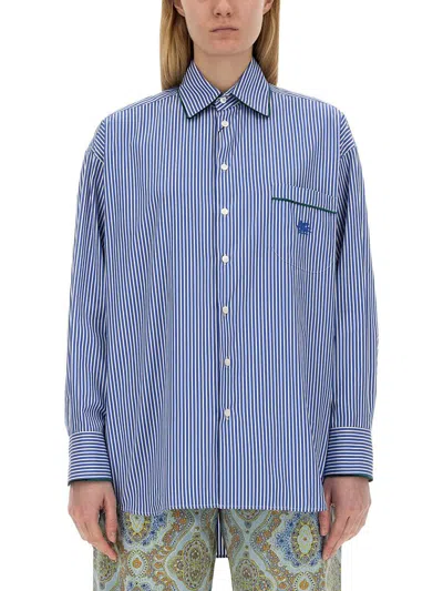 Etro Striped Cotton Shirt With Logo In Baby Blue