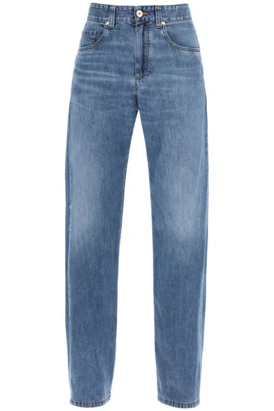 Brunello Cucinelli Loose Cotton Denim Jeans In Nine Words In Blu