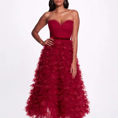 Marchesa Notte Ruffled Sweetheart Neck Midi Dress In Red