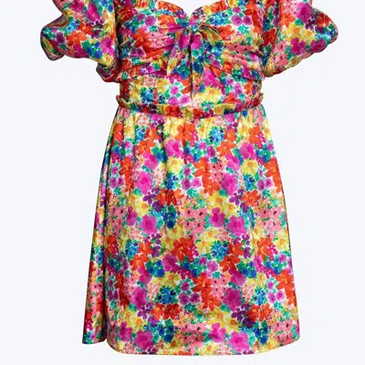 For Love & Lemons Merrill Puff Sleeve Open-back Satin Jacquard Mini Dress In Multi In Pink