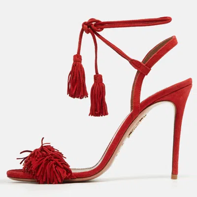 Pre-owned Aquazzura Red Suede Wild Thing Ankle Tie Sandals Size 39