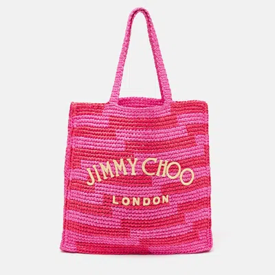 Pre-owned Jimmy Choo Pink/red Woven Straw Beach Tote