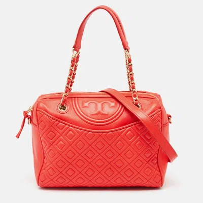 Pre-owned Tory Burch Red Quilted Leather Fleming Duffel Bag In Orange