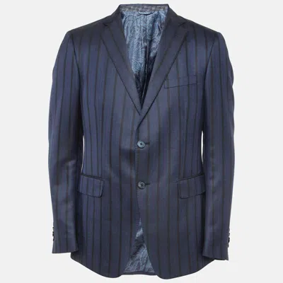 Pre-owned Etro Navy Blue Striped Wool And Silk Single Breasted Blazer L