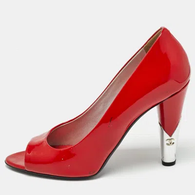 Pre-owned Chanel Red Patent Peep Toe Pumps Size 40