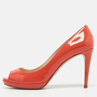Pre-owned Prada Coral Pink Patent Leather Peep Toe Platform Pumps Size 36.5