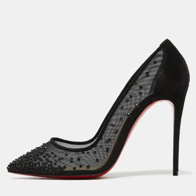 Pre-owned Christian Louboutin Black Suede And Mesh Follies Strass Pumps Size 37.5