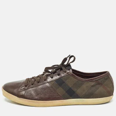 Pre-owned Burberry Brown Leather And Nova Check Canvas Low Top Sneakers Size 44