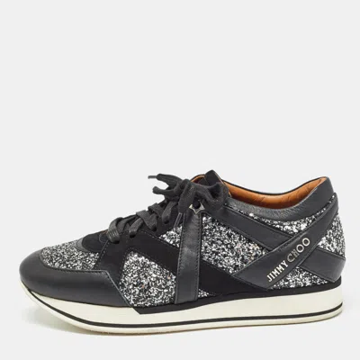 Pre-owned Jimmy Choo Black/silver Coarse Glitter And Leather Low Top Sneakers Size 39