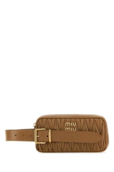 Miu Miu Woman Biscuit Leather Clutch In Brown