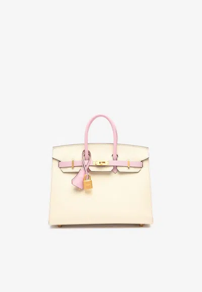 Hermes Birkin 25 Sellier Hss In Craie And Mauve Sylvestre Epsom Leather With Gold Hardware In Pink