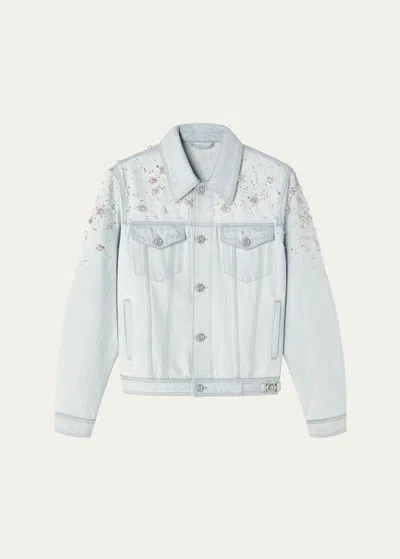 Versace Embellished Denim Jacket In Light Blue Ice